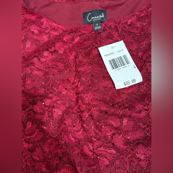 Connected Apparel Womens Lace Long Sleeve Sequin Sheath scarlet red Dress size 4 - Picture 2 of 5